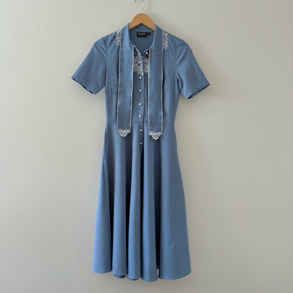 Voodoo Vixen Bluebell Blue Midi Dress with White Embroidery - Picture 2 of 9